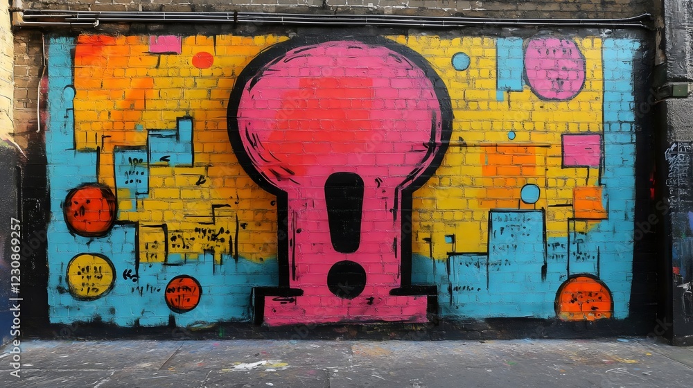 Fototapeta premium A colorful mural with a pink and yellow object in the middle