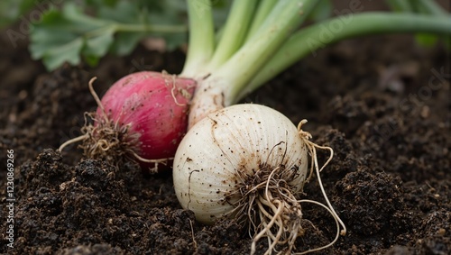 Freshly harvested red spring onion with vibrant green tops and white roots against dark soil