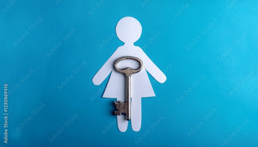 사회 복지 시스템을 상징하는 열쇠들이 그려진 종이인형