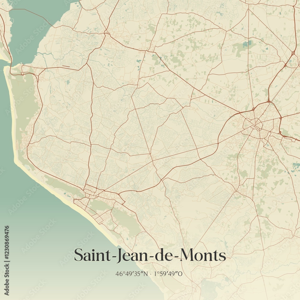 Fototapeta premium Retro map of Saint-Jean-de-Monts, Pays de la Loire, France. Vintage street map.
