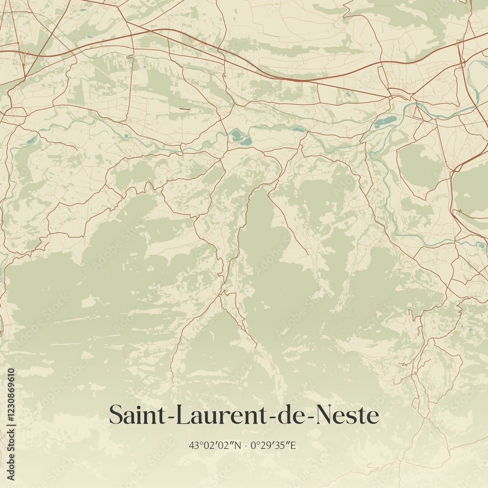 Fototapeta premium Retro map of Saint-Laurent-de-Neste, Occitanie, France. Vintage street map.