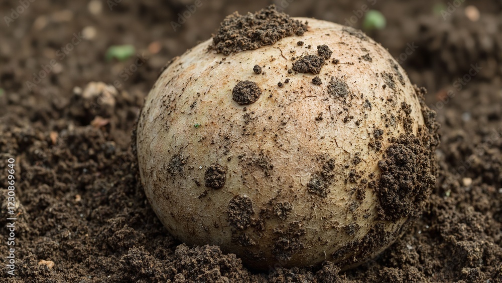 Freshly dug celeriac with soil on knobby skin macro shot on dirt bed Freshly dug celeriac with soil on knobby skin macro shot on dirt bed