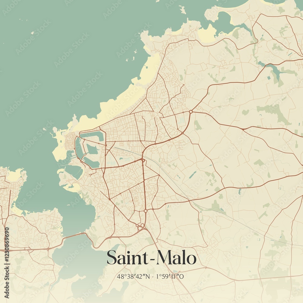 Retro map of Saint-Malo, Bretagne, France. Vintage street map.