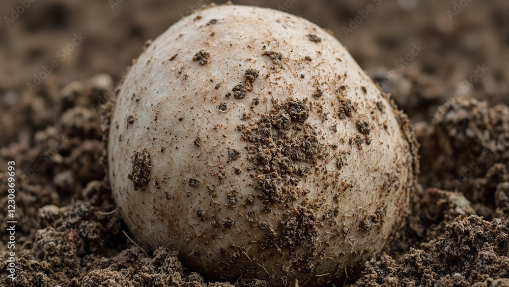 Freshly dug celeriac with soil on knobby skin macro shot on dirt bed Freshly dug celeriac with soil on knobby skin macro shot on dirt bed