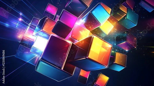 Vector artwork of 3D cubes with vibrant colorful reflections and glowing edges enhanced by bright lighting