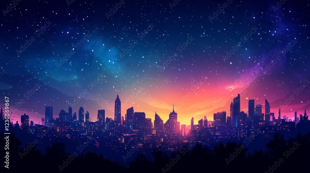Cityscape at night under a vibrant, starry sky.