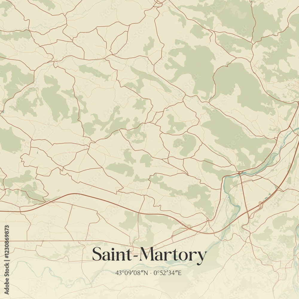 Fototapeta premium Retro map of Saint-Martory, Occitanie, France. Vintage street map.