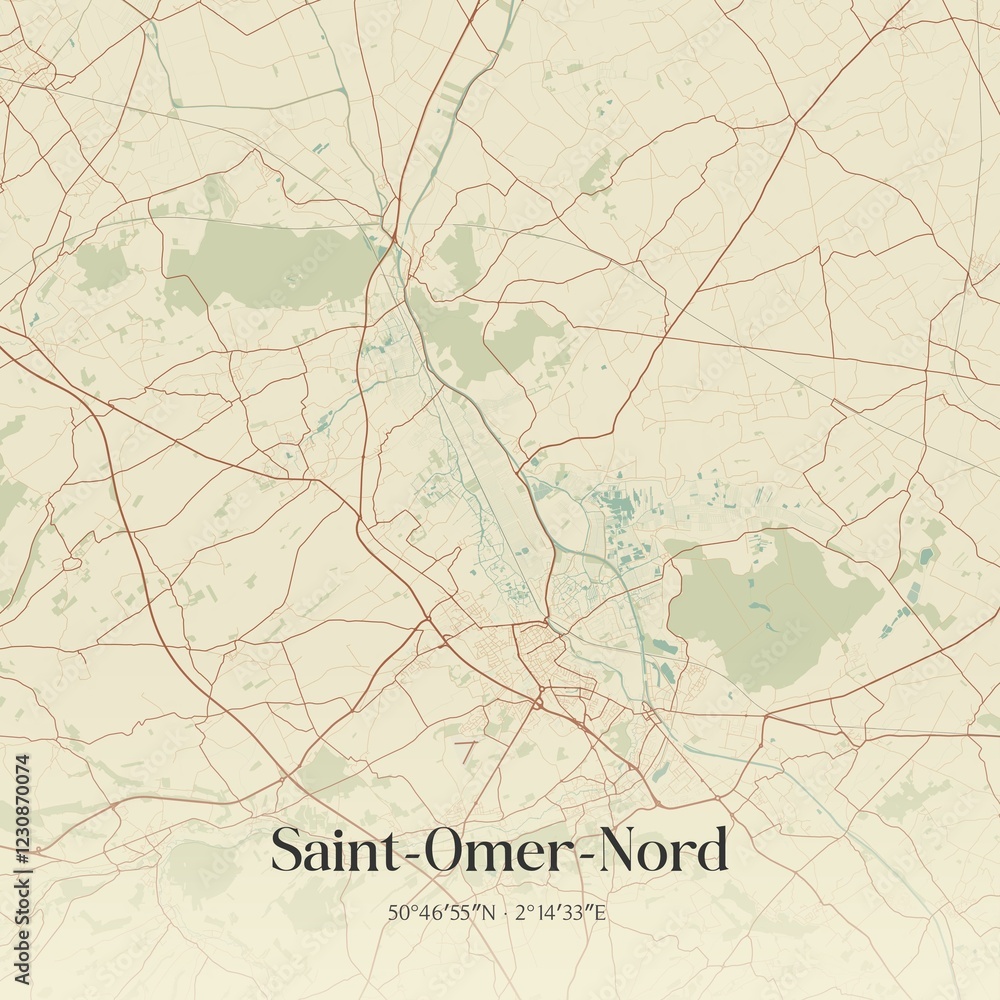 Fototapeta premium Retro map of Saint-Omer-Nord, Hauts-de-France, France. Vintage street map.