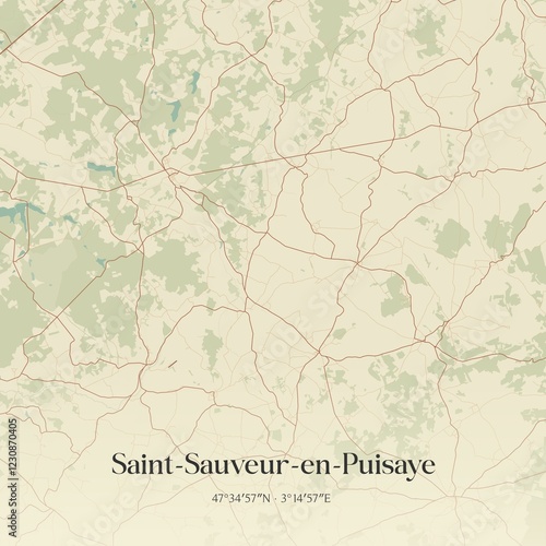 Retro map of Saint-Sauveur-en-Puisaye, Bourgogne-Franche-Comt�, France. Vintage street map.