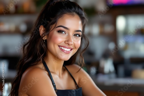 Free Download portrait of a young smiling Tongan female bartender against blurred bar background - GFXLoad