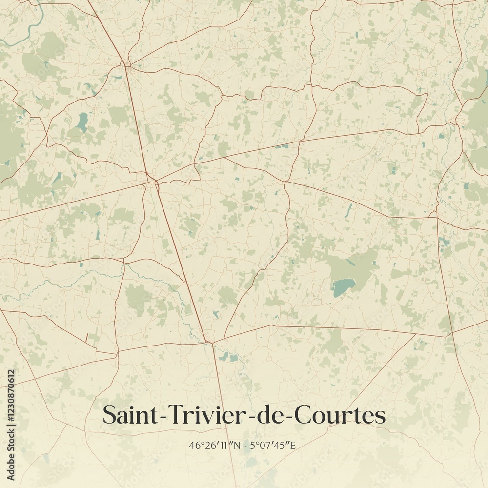 Fototapeta premium Retro map of Saint-Trivier-de-Courtes, Auvergne-Rh�ne-Alpes, France. Vintage street map.
