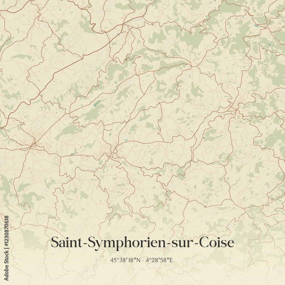 Fototapeta premium Retro map of Saint-Symphorien-sur-Coise, Auvergne-Rh�ne-Alpes, France. Vintage street map.