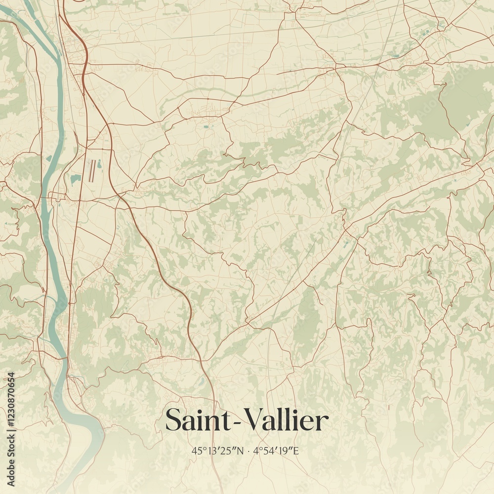 Fototapeta premium Retro map of Saint-Vallier, Auvergne-Rh�ne-Alpes, France. Vintage street map.