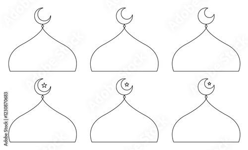 Black Outline Collection of Mosque Domes with Crescent Moons and Small Stars