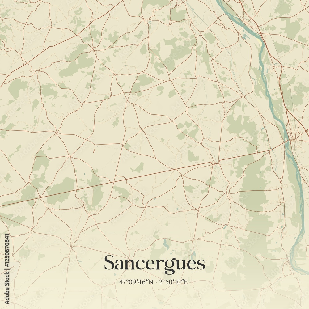 Fototapeta premium Retro map of Sancergues, Centre-Val de Loire, France. Vintage street map.