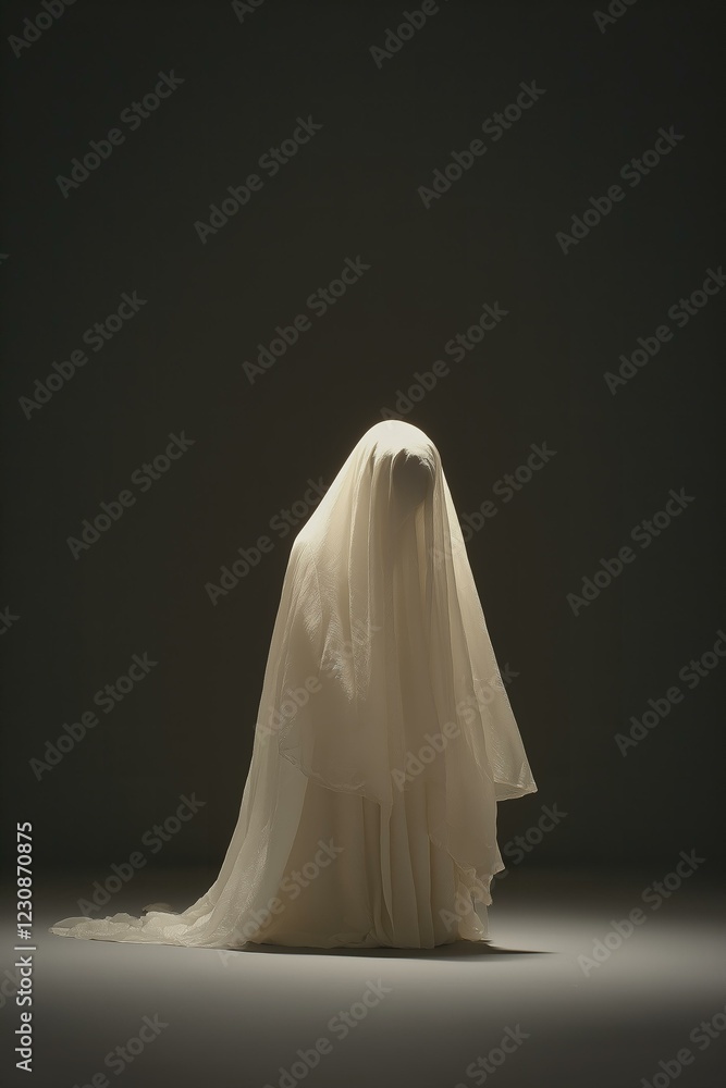 Figure in White Draped Garment Against a Dark Background Figure in White Draped Garment Against a Dark Background