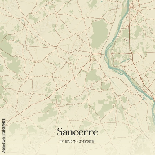 Fototapeta Naklejka Na Ścianę i Meble -  Retro map of Sancerre, Centre-Val de Loire, France. Vintage street map.