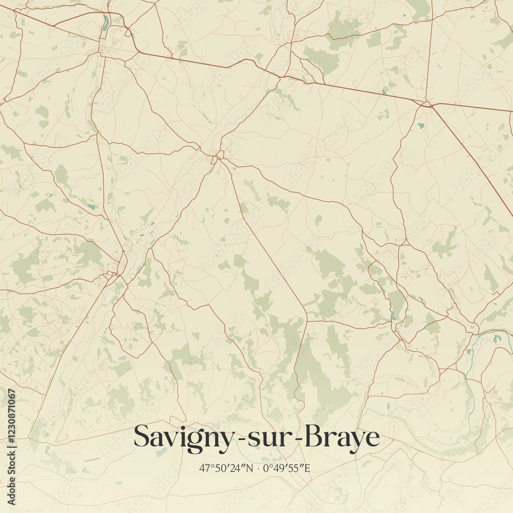 Fototapeta premium Retro map of Savigny-sur-Braye, Centre-Val de Loire, France. Vintage street map.