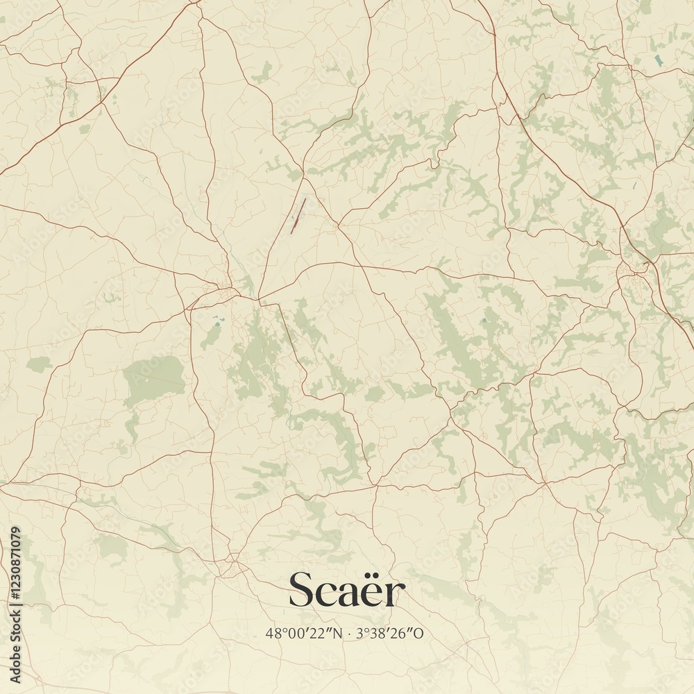 Fototapeta premium Retro map of Sca�r, Bretagne, France. Vintage street map.