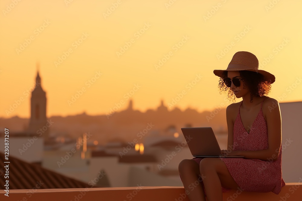 Woman Using Laptop on a Rooftop Terrace at Sunset Woman Using Laptop on a Rooftop Terrace at Sunset