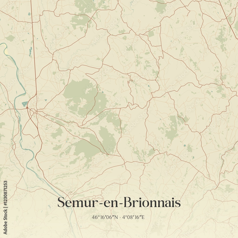 Fototapeta premium Retro map of Semur-en-Brionnais, Bourgogne-Franche-Comt�, France. Vintage street map.