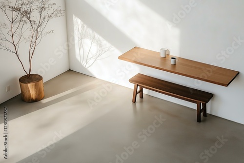 Minimalist Interior with Floating Shelves and Dried Tree Branch