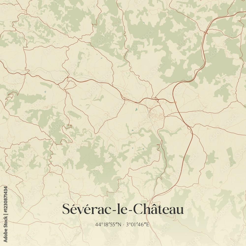 Obraz premium Retro map of S�v�rac-le-Ch�teau, Occitanie, France. Vintage street map.
