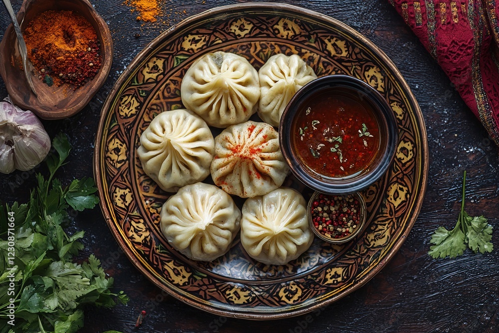 top view plate of delicious traditional Georgian khinkali dumplings with dipping sauce and spices on wooden background top view plate of delicious traditional Georgian khinkali dumplings with dipping sauce and spices on wooden background