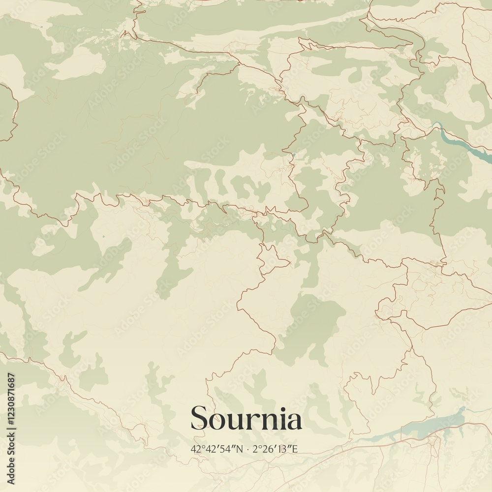 Fototapeta premium Retro map of Sournia, Occitanie, France. Vintage street map.