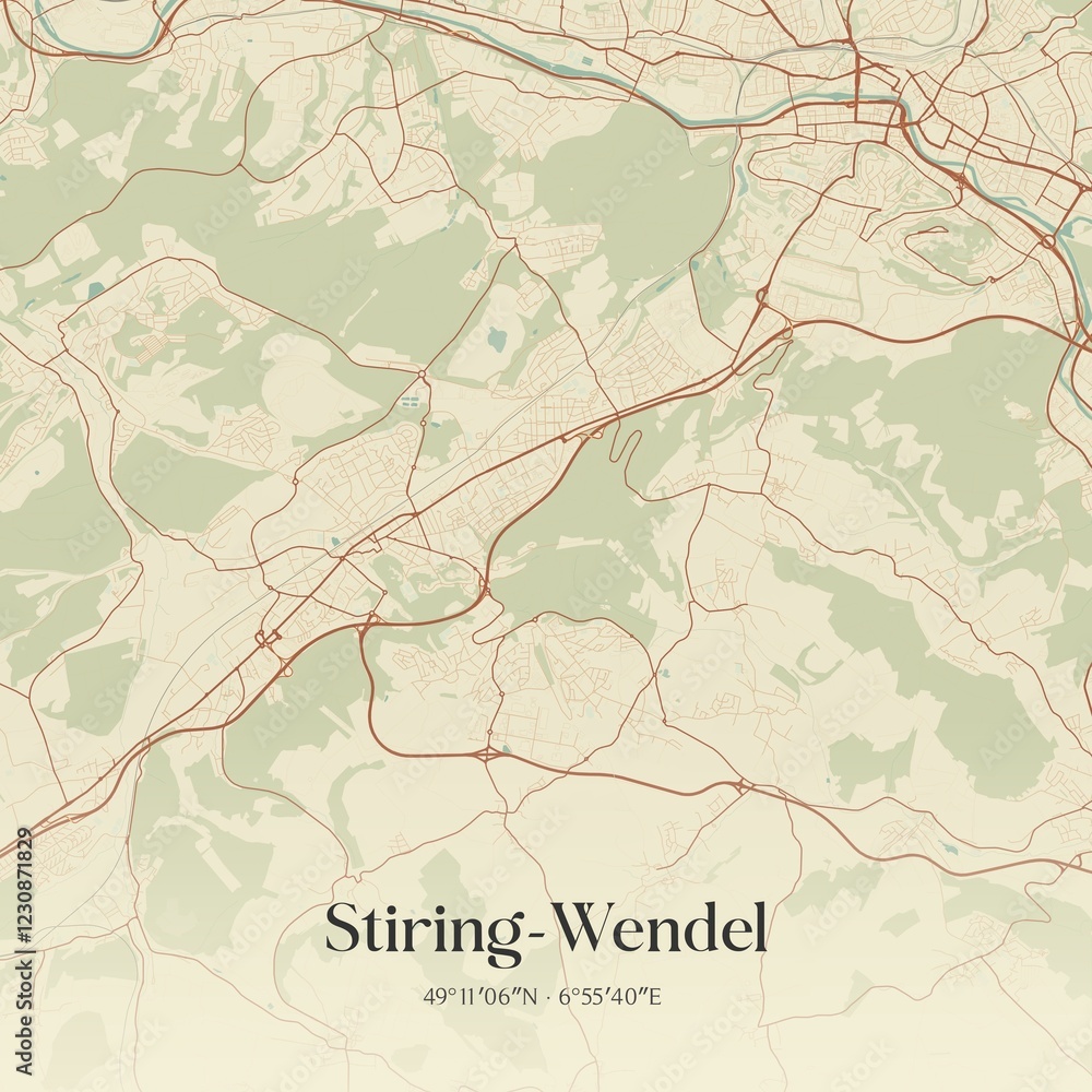 Fototapeta premium Retro map of Stiring-Wendel, Grand Est, France. Vintage street map.