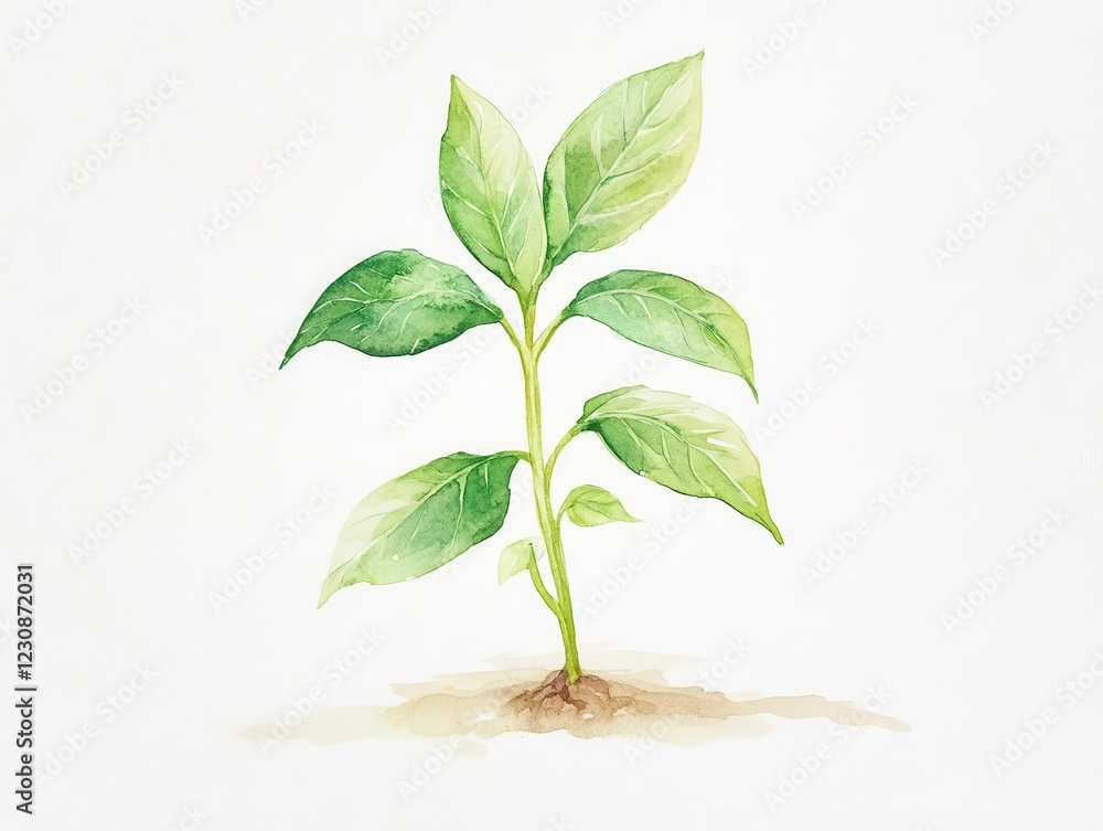 delicate watercolor botanical illustration of young tree seedling, featuring soft green hues and translucent leaves on white background delicate watercolor botanical illustration of young tree seedling, featuring soft green hues and translucent leaves on white background