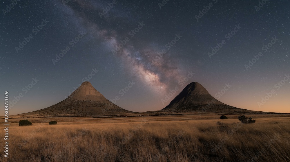 Starry Night Sky Over Two Mountain Peaks Starry Night Sky Over Two Mountain Peaks