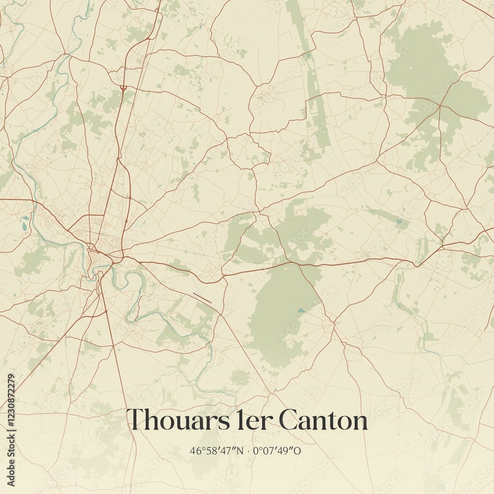 Obraz premium Retro map of Thouars 1er Canton, Nouvelle-Aquitaine, France. Vintage street map.