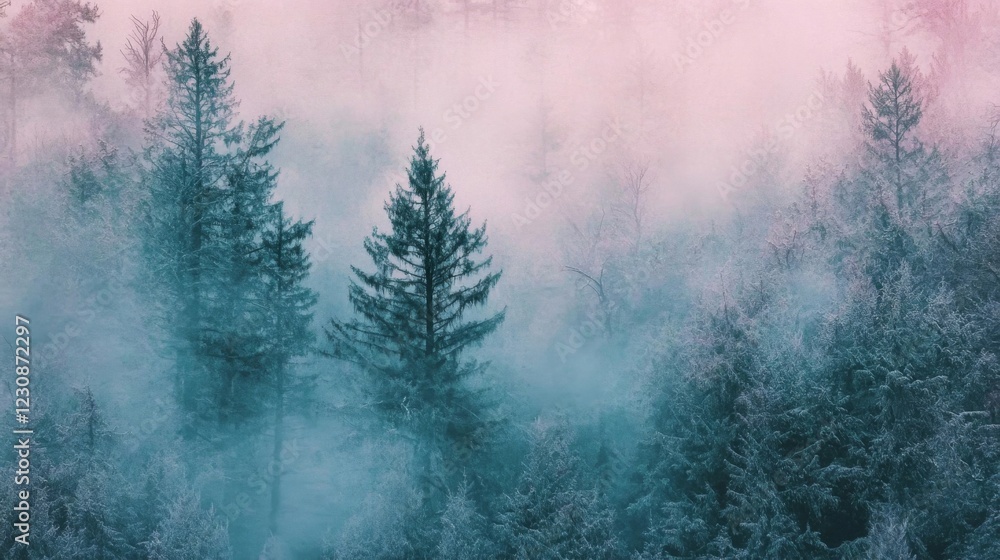 Misty Mountain Forest Scene with Teal and Pink Hues Misty Mountain Forest Scene with Teal and Pink Hues