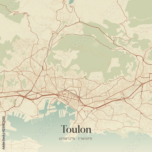 Retro map of Toulon, Provence-Alpes-C�te d'Azur, France. Vintage street map.