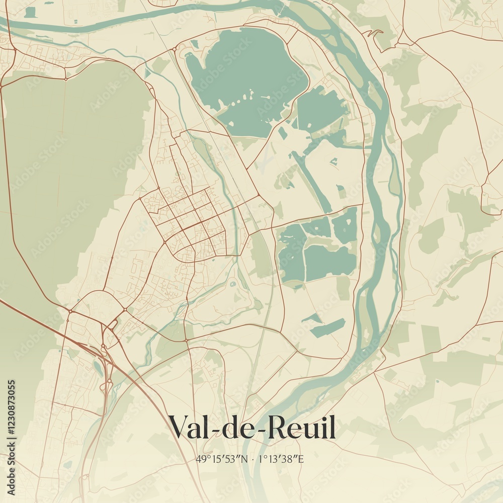Fototapeta premium Retro map of Val-de-Reuil, Normandie, France. Vintage street map.