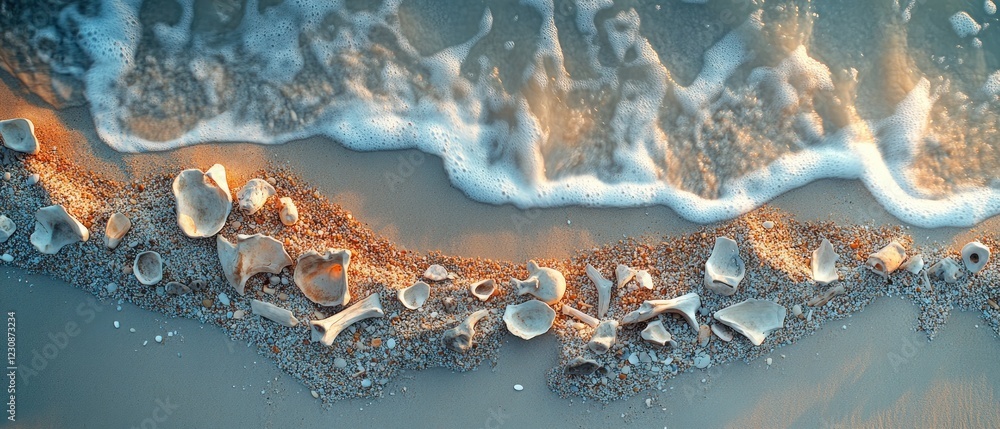 Fototapeta premium Shells and waves on tranquil beach at sunset