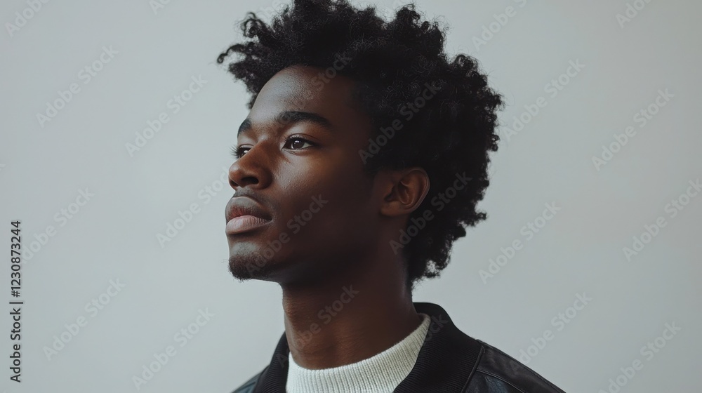 Obraz premium Thoughtful young Black man with an afro looking up, wearing a black leather jacket against a neutral background.