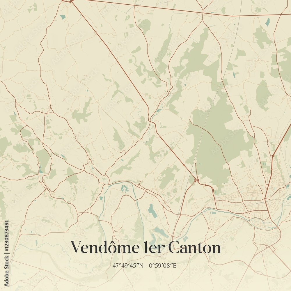 Fototapeta premium Retro map of Vend�me 1er Canton, Centre-Val de Loire, France. Vintage street map.