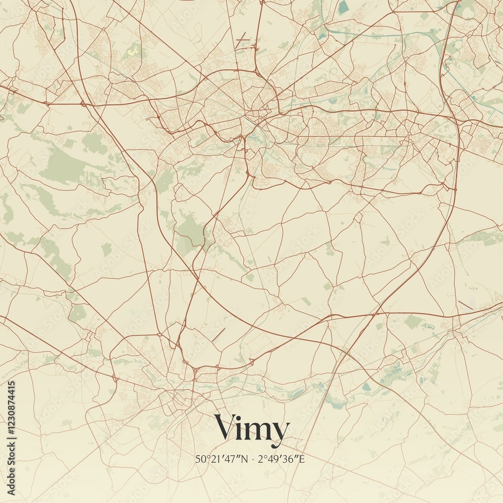 Fototapeta premium Retro map of Vimy, Hauts-de-France, France. Vintage street map.
