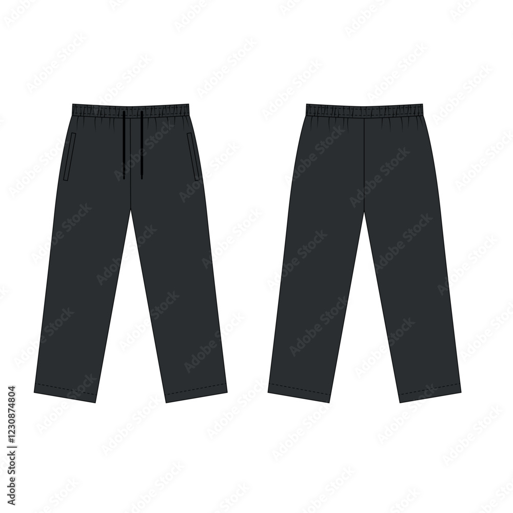 Vector illustration of sports pants on elastic band, black color, front and back view. Sketch of fashionable straight cut jogging pants. Template of sports pants on a drawstring. Vector illustration of sports pants on elastic band, black color, front and back view. Sketch of fashionable straight cut jogging pants. Template of sports pants on a drawstring.