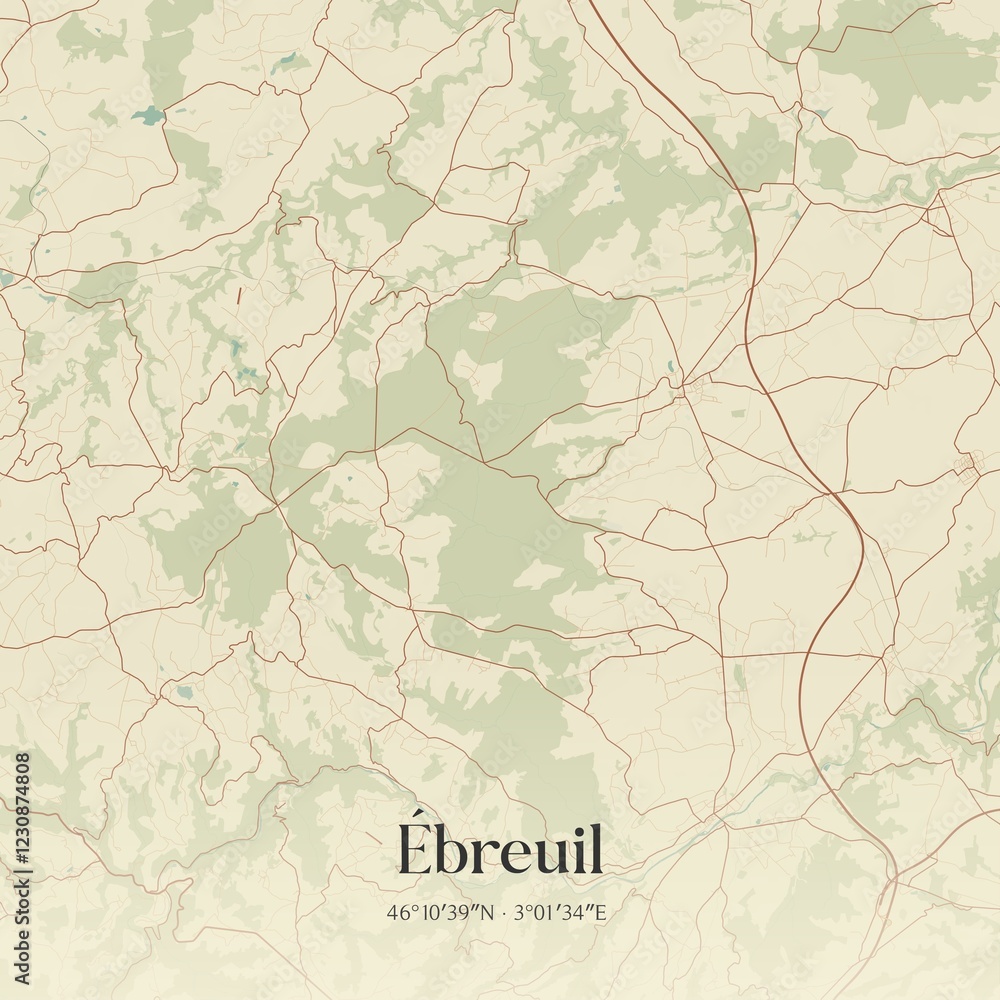 Fototapeta premium Retro map of �breuil, Auvergne-Rh�ne-Alpes, France. Vintage street map.