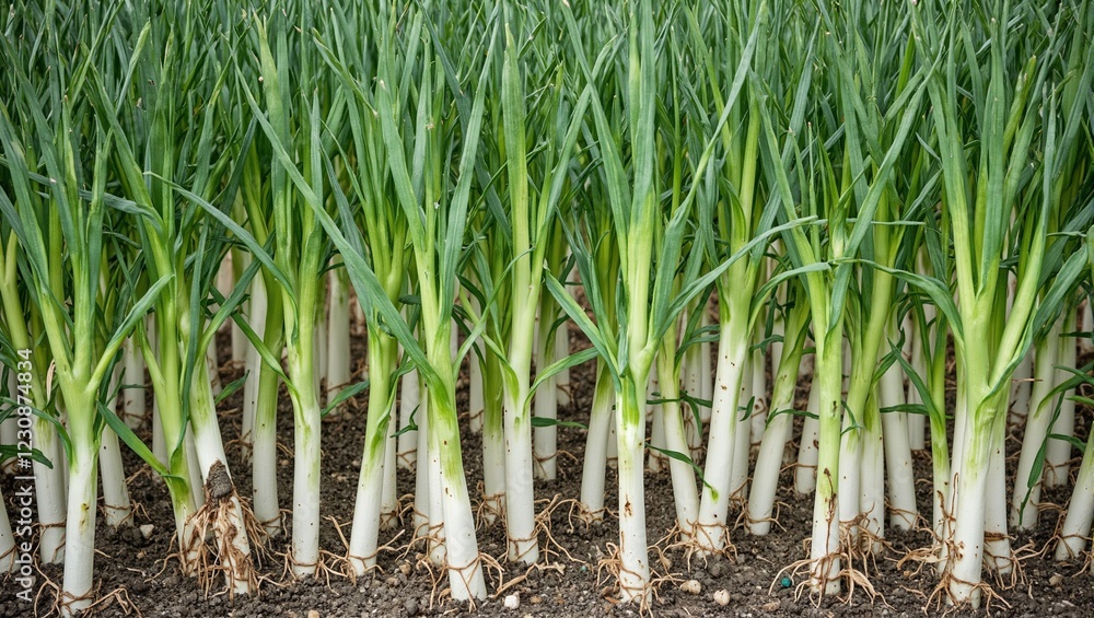 Fototapeta premium Close up of green onions in rows roots buried in dark soil