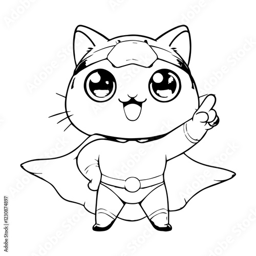 Black and White Cartoon Illustration of Cute Cat Mascot Character in Superhero Costume for Coloring Book