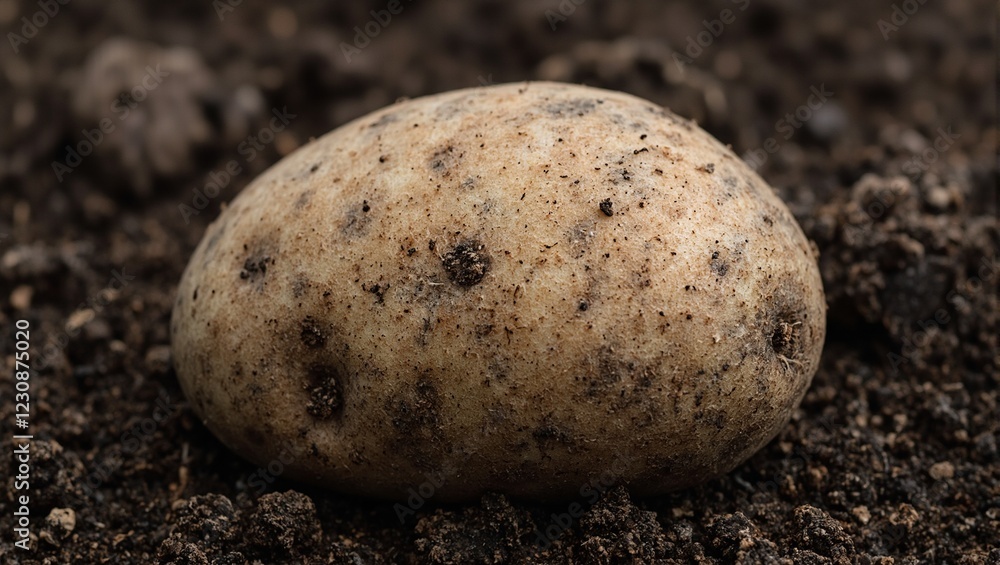 Freshly dug potato with soil on dark dirt background Freshly dug potato with soil on dark dirt background