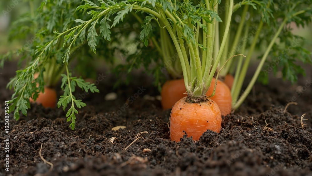 Fresh orange carrot emerging from soil with green sprouting tops Fresh orange carrot emerging from soil with green sprouting tops
