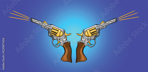 Two ornate revolvers crossed and firing on gradient background