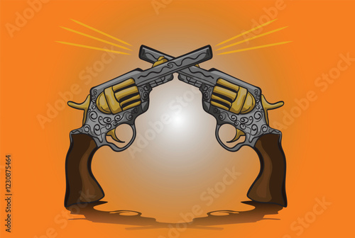 Two ornate revolvers crossed and firing on gradient background