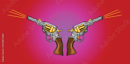 Two ornate revolvers crossed and firing on gradient background