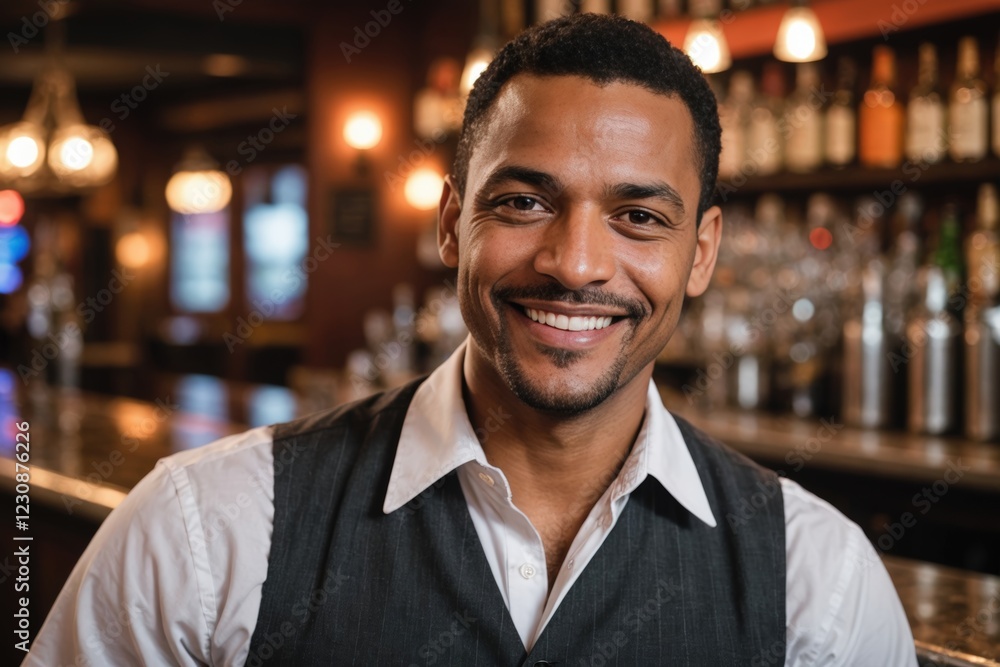 Obraz premium close portrait of a 40s smiling Dominican male bartender against blurred bar background